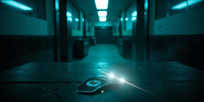 Abandoned police badge on empty desk in deserted Manhattan office lobby, illuminated by harsh fluorescent light at dusk