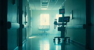 Empty hospital crib with monitoring equipment in a sunlit hospital room, conveying hope and readiness for recovery
