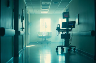 Empty hospital crib with monitoring equipment in a sunlit hospital room, conveying hope and readiness for recovery