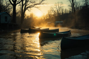 Abandoned summer camp cabins partially submerged in muddy floodwaters with overturned canoes floating at dawn