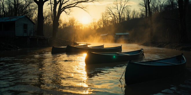 Abandoned summer camp cabins partially submerged in muddy floodwaters with overturned canoes floating at dawn