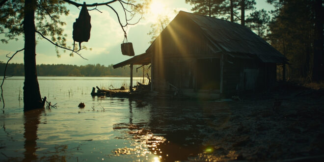 Damaged camp cabin with debris scattered around flood-ravaged summer camp grounds along a swollen river