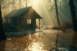 Flood-damaged wooden camp cabin partially submerged in muddy water amid devastated summer camp grounds after flooding