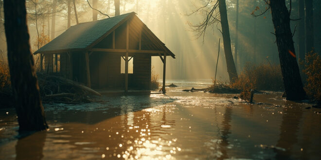 Flood-damaged wooden camp cabin partially submerged in muddy water amid devastated summer camp grounds after flooding