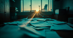 Unsigned deportation papers scattered across an abandoned desk in a deserted immigration office at dusk.