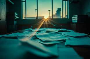 Unsigned deportation papers scattered across an abandoned desk in a deserted immigration office at dusk.