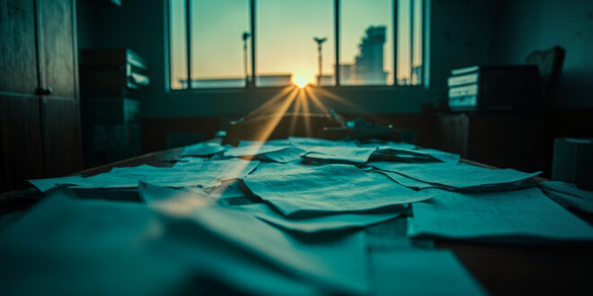Unsigned deportation papers scattered across an abandoned desk in a deserted immigration office at dusk.
