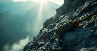 Abandoned climbing gear and rope on steep Pakistani mountain face at dawn, depicting mountain climbing tragedy
