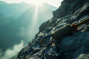 Abandoned climbing gear and rope on steep Pakistani mountain face at dawn, depicting mountain climbing tragedy