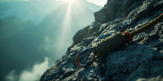 Abandoned climbing gear and rope on steep Pakistani mountain face at dawn, depicting mountain climbing tragedy
