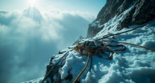 Abandoned climbing equipment on snowy ledge of treacherous mountain peak in desolate high-altitude landscape