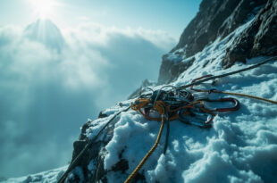 Abandoned climbing equipment on snowy ledge of treacherous mountain peak in desolate high-altitude landscape