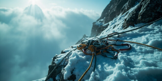 Abandoned climbing equipment on snowy ledge of treacherous mountain peak in desolate high-altitude landscape