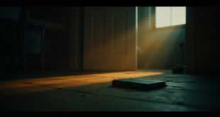 Abandoned diary on empty table in dimly lit room with locked door, captured in muted gray and fading amber light
