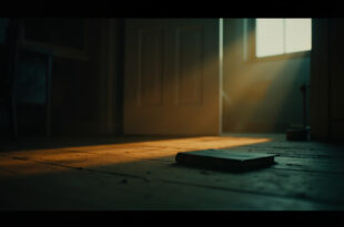 Abandoned diary on empty table in dimly lit room with locked door, captured in muted gray and fading amber light