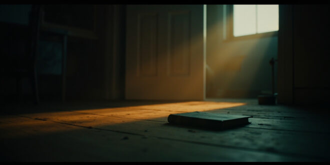 Abandoned diary on empty table in dimly lit room with locked door, captured in muted gray and fading amber light