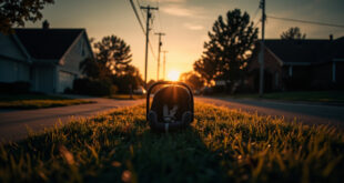 Empty infant car seat abandoned on suburban front lawn at dusk, illuminated by amber light in a quiet residential setting.