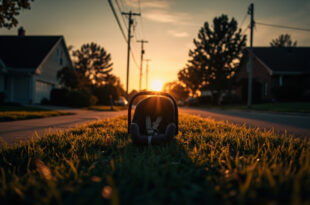 Empty infant car seat abandoned on suburban front lawn at dusk, illuminated by amber light in a quiet residential setting.