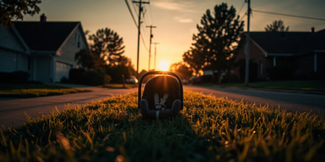Empty infant car seat abandoned on suburban front lawn at dusk, illuminated by amber light in a quiet residential setting.