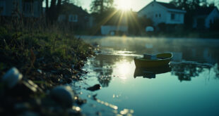 Empty children's toy floating on still water of a quiet pond surrounded by a residential area, suggesting tragic loss