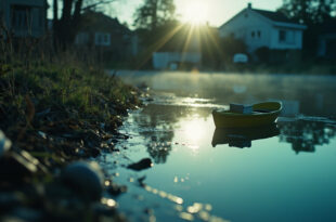 Empty children's toy floating on still water of a quiet pond surrounded by a residential area, suggesting tragic loss