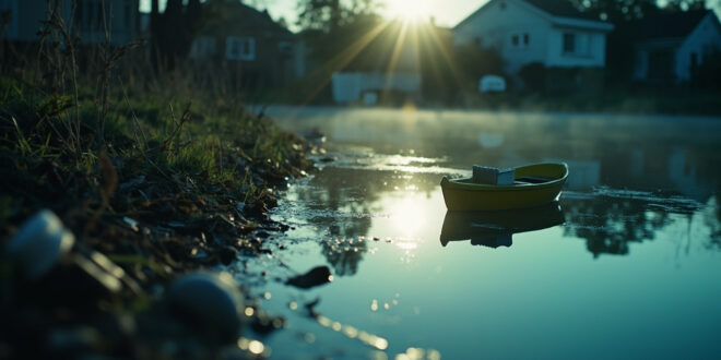 Empty children's toy floating on still water of a quiet pond surrounded by a residential area, suggesting tragic loss
