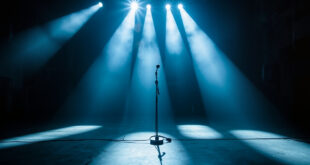 Empty concert stage with solitary microphone stand illuminated by spotlight in abandoned venue after controversial show