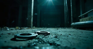 Empty steel handcuffs lying on concrete floor of abandoned underground bunker discovered during criminal investigation