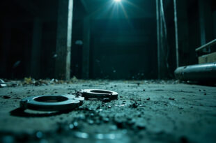 Empty steel handcuffs lying on concrete floor of abandoned underground bunker discovered during criminal investigation