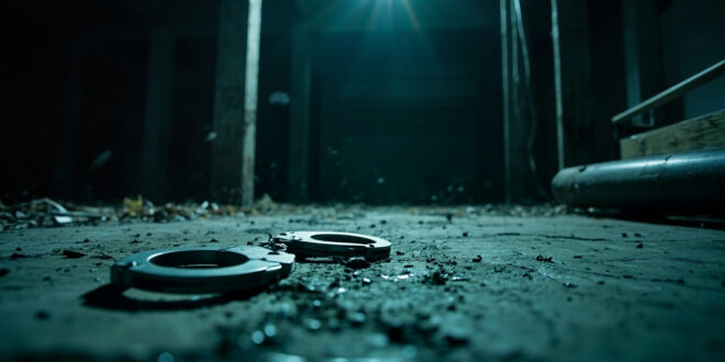 Empty steel handcuffs lying on concrete floor of abandoned underground bunker discovered during criminal investigation