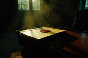 Sealed confidential documents with official seals abandoned on mahogany desk in luxurious empty estate at dusk.