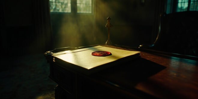 Sealed confidential documents with official seals abandoned on mahogany desk in luxurious empty estate at dusk.