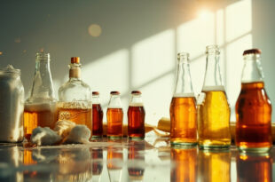 Empty cola bottles arranged beside sugar cane stalks and corn syrup containers in a sterile laboratory workspace.