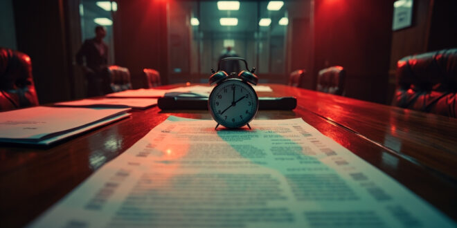 Ultimatum document and broken hourglass on empty negotiation table in abandoned government conference room with dramatic lighting