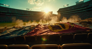 Abandoned football stadium at dusk with torn banners showing conflicting team logos across empty seats