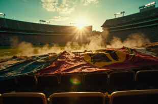 Abandoned football stadium at dusk with torn banners showing conflicting team logos across empty seats