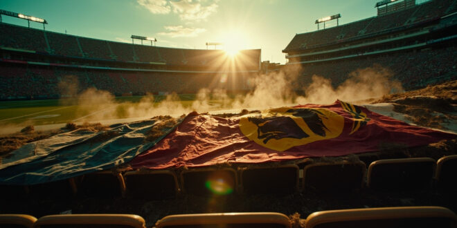 Abandoned football stadium at dusk with torn banners showing conflicting team logos across empty seats