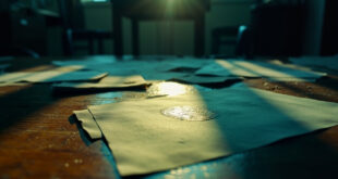 Abandoned citizenship documents and official seal scattered across an empty wooden desk in a government office