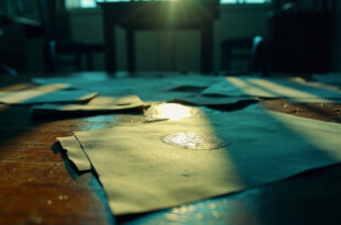 Abandoned citizenship documents and official seal scattered across an empty wooden desk in a government office