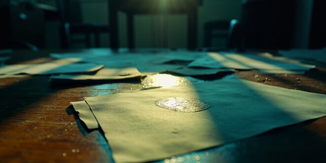 Abandoned citizenship documents and official seal scattered across an empty wooden desk in a government office