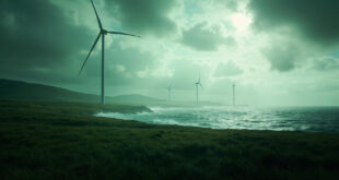 Solitary wind turbines stand against a stormy Scottish highland landscape with offshore turbines visible in choppy seas