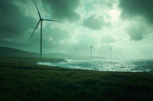 Solitary wind turbines stand against a stormy Scottish highland landscape with offshore turbines visible in choppy seas