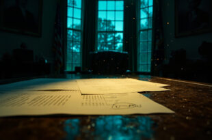 Empty presidential desk with unsigned diplomatic papers scattered across mahogany surface in abandoned oval office at dusk