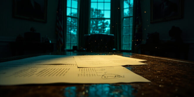 Empty presidential desk with unsigned diplomatic papers scattered across mahogany surface in abandoned oval office at dusk