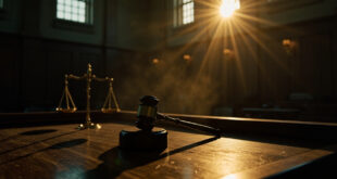 Scales of justice and wooden gavel on an empty judge's bench in an abandoned courthouse at dusk, symbolizing pardon controversy.
