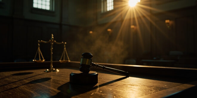 Scales of justice and wooden gavel on an empty judge's bench in an abandoned courthouse at dusk, symbolizing pardon controversy.