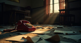 Disconnected red telephone on empty desk surrounded by scattered diplomatic papers in abandoned office