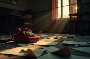 Disconnected red telephone on empty desk surrounded by scattered diplomatic papers in abandoned office