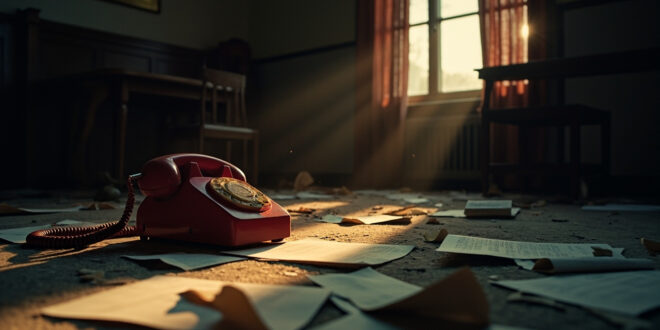 Disconnected red telephone on empty desk surrounded by scattered diplomatic papers in abandoned office