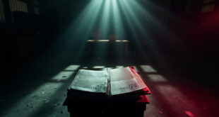 Stack of sealed legal documents with official seals sit on an abandoned judgment table in a dimly lit empty courtroom